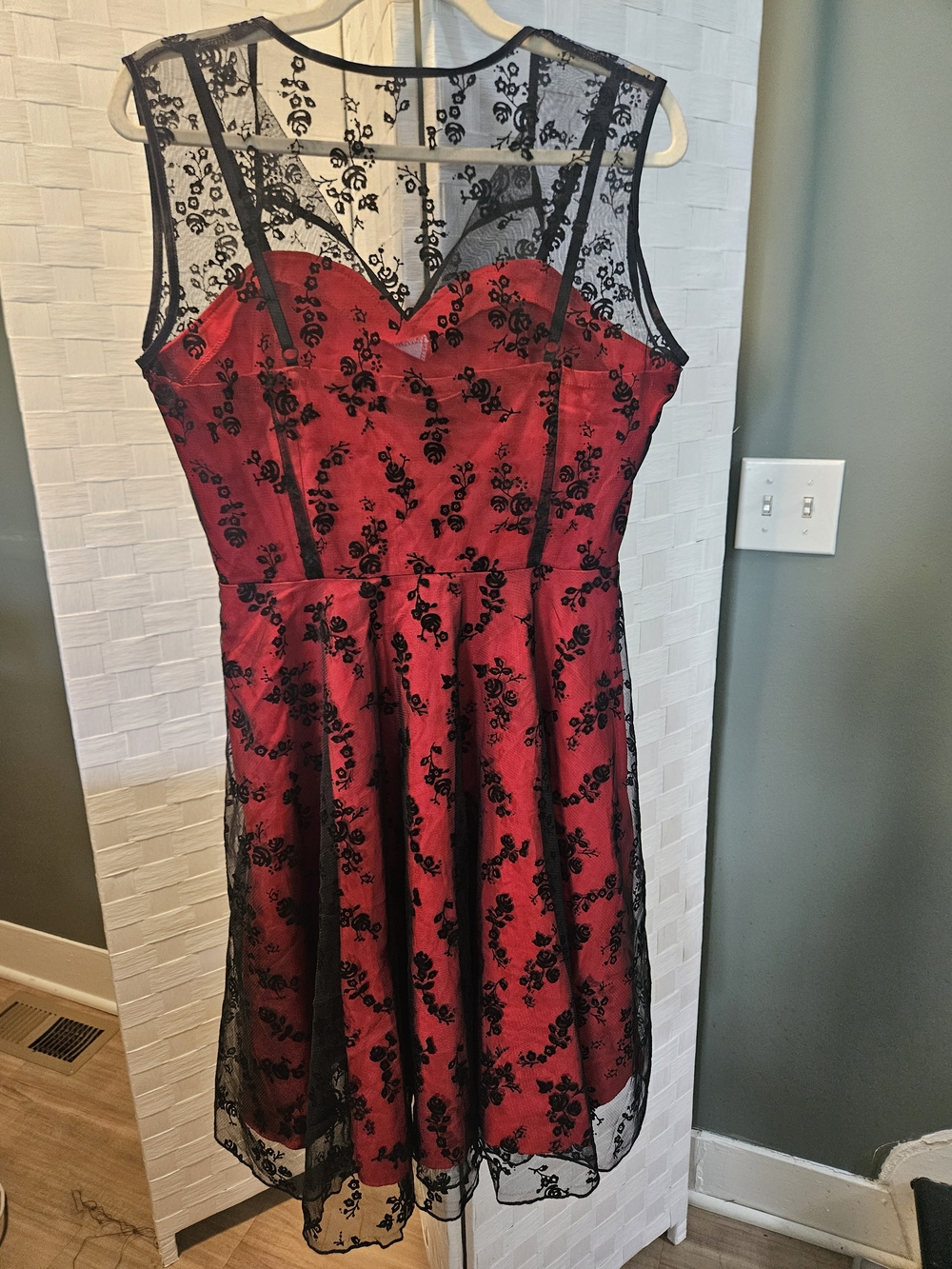 Voodoo Vixen Red Midi Dress with Black Lace Overlay